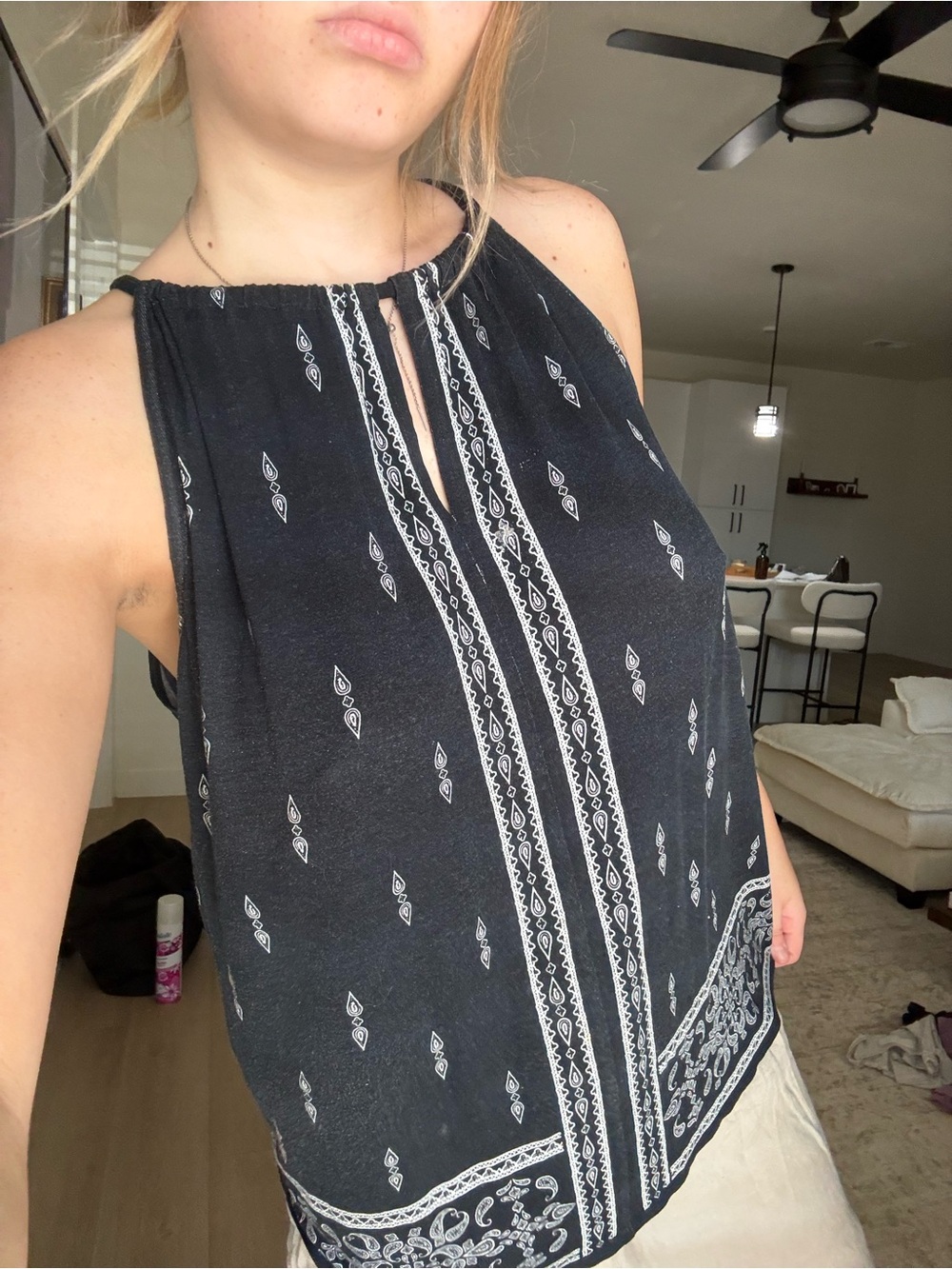 Max Studio Black Halter Tank with White Bandana Print